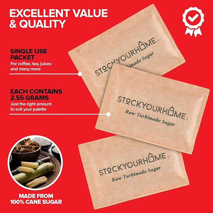 Bulk Sugar Packets, 500 Count - Individual Servings of Turbinado Sugar Packets for Coffee & Tea, Granulated Brown Raw Sugar Packs Great for Restaurants, Coffee Shops, Offices, and More