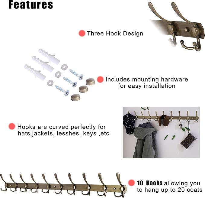 Dseap Coat Rack Wall Mount - 38” Long 10-Tri-Hooks Heavy Duty Coat Hanger Rail Wall Hooks for Hanging Coats Hats Clothing Clothes Purse Mudroom Entryway, Bronze, Pack of 2