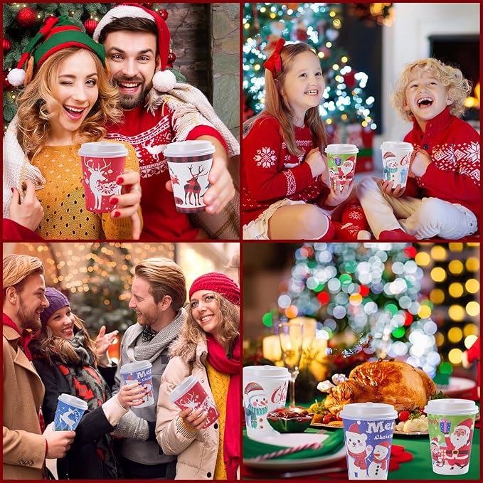 Christmas Cups with Lids and Sleeves 12oz Disposable Coffee Cups with Lids Hot Chocolate Cups 10 Designs, Christmas Paper Cups for Hot Cocoa Bar Supplies, 90 Pieces