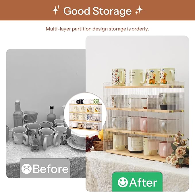 Coffee Mug Holder Wooden Cup Station Organizer 4-Tier Cup Holder for Coffee Bar Mug Display Rack for Countertop Mug Holder Shelf for Home Kitchen Pine Wood