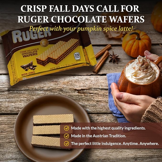Ruger Wafers Austrian Chocolate Wafers, 2.125 Ounce (Pack of 12) - Crisp, Creamy, Delicious Chocolate Treats with Natural Ingredients and Extended Shelf Life, Perfect for Snacking, Desserts, and Anytime Indulgence