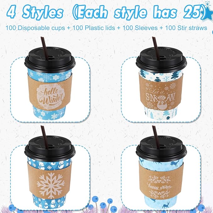 Remerry 100 Sets 400 Pcs 12 oz Christmas Disposable Coffee Cups with Lid, Straws and Sleeves Snowflake Reindeer Snowman Paper Cups Xmas Party Supplies for Hot Drink Cold Beverage(Snowflake Style)