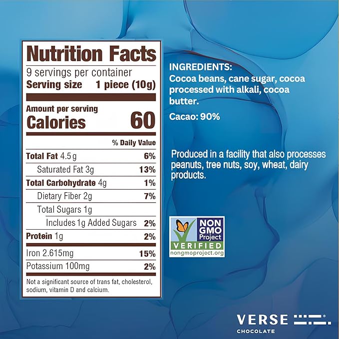 Verse 90% Dark Chocolate Squares - Only 1g Cane Sugar - Creamy Dark Cocoa - Individually Wrapped Cacao Chocolate Squares (9 Count, 2 Pack)