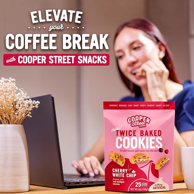 COOPER STREET Twice Baked Cherry White Chip Biscotti Cookies - Crispy Mini Biscotti Cookies Ideal with Coffee - Traditional Low Calorie Italian Snacks - Kosher, Dairy, Peanut & Soy Free (6 Pack)