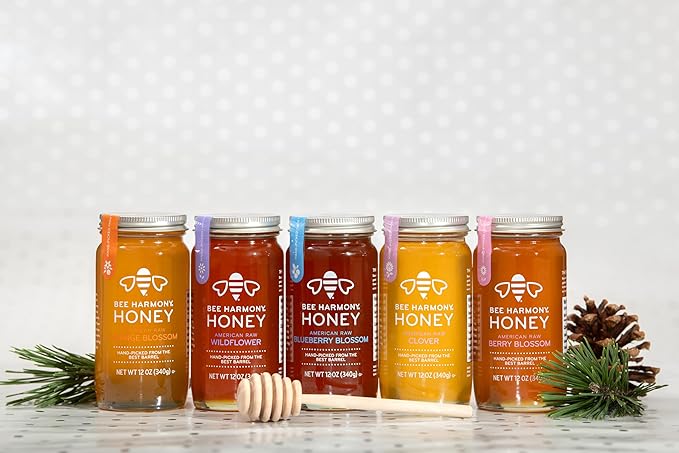 Bee Harmony Honey 5 Pack Variety Pack, 60 Ounce (Clover, Wildflower, Orange Blossom, Berry and Blueberry)