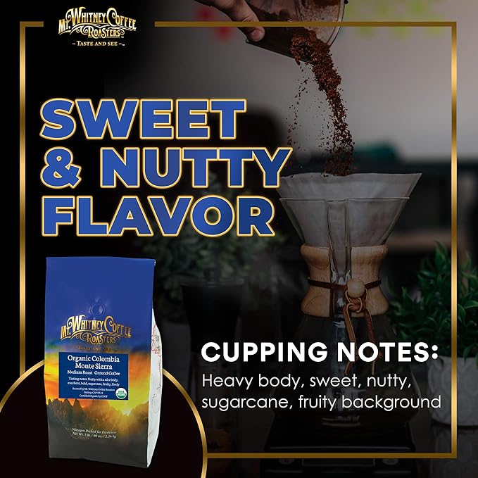 Mt. Whitney Colombia Monte Sierra Organic,Single origin, Medium Dark Roast, Smooth Full Flavored, low Acid Coffee (Ground, 5 Lb)