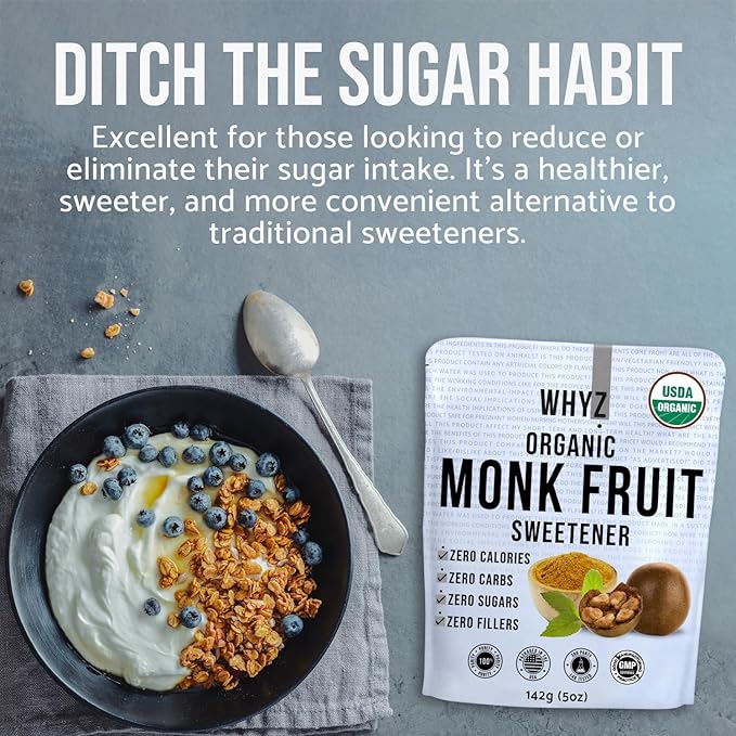 Organic Monk Fruit Extract, 5 oz, Pure Monk Fruit Sweetener Organic No Erythrytol and Zero Calorie, Sugar Substitute, Powdered Monkfruit Sweetener Keto and Paleo Diet Friendly, 458 Servings
