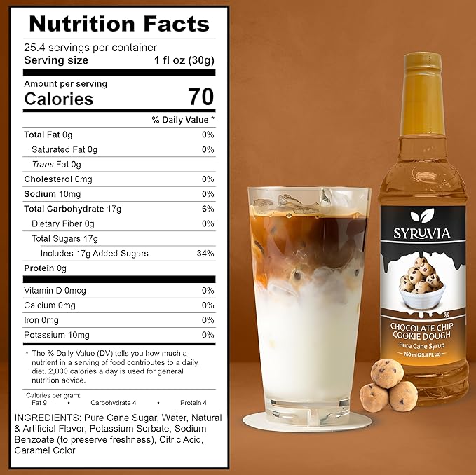 Syruvia Coffee Syrup, Chocolate Chip Cookie Dough Flavored Syrup for Drinks, Lattes, and Desserts – 25.4 fl oz