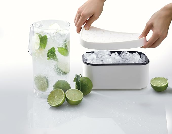 Lékué Ice Box | Ice Cube Tray For Freezer With Lid & Bin | Made With 100 Percent Platinum Silicone | Elegant And Retro Style Ice Cubes | For Cocktails, Ice Tea & Coffee And More | White