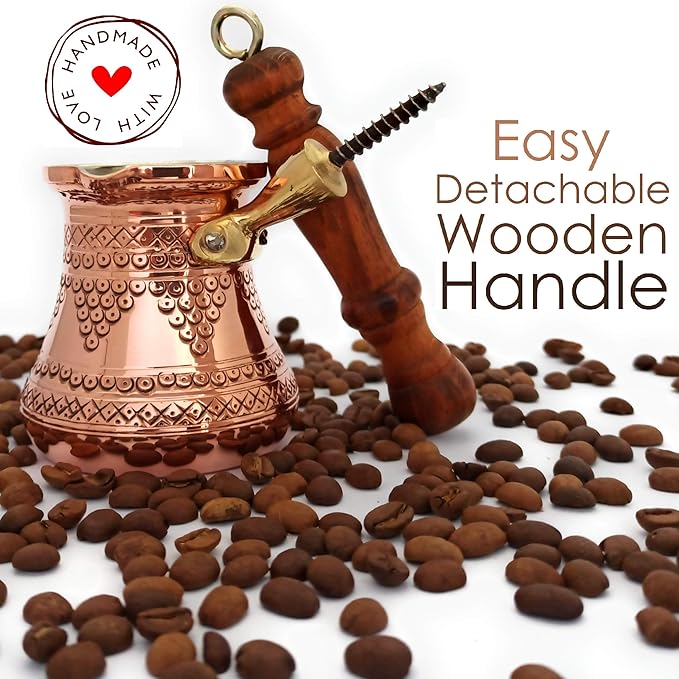 PCZ Series (Small-6 fl.oz) - Thickest Solid Copper Engraved/Stamped Turkish Greek Arabic Coffee Pot with Wooden Handle, Stovetop Coffee Maker Cezve Jezve Jazva Jazzve Ibrik Briki (Shiny)