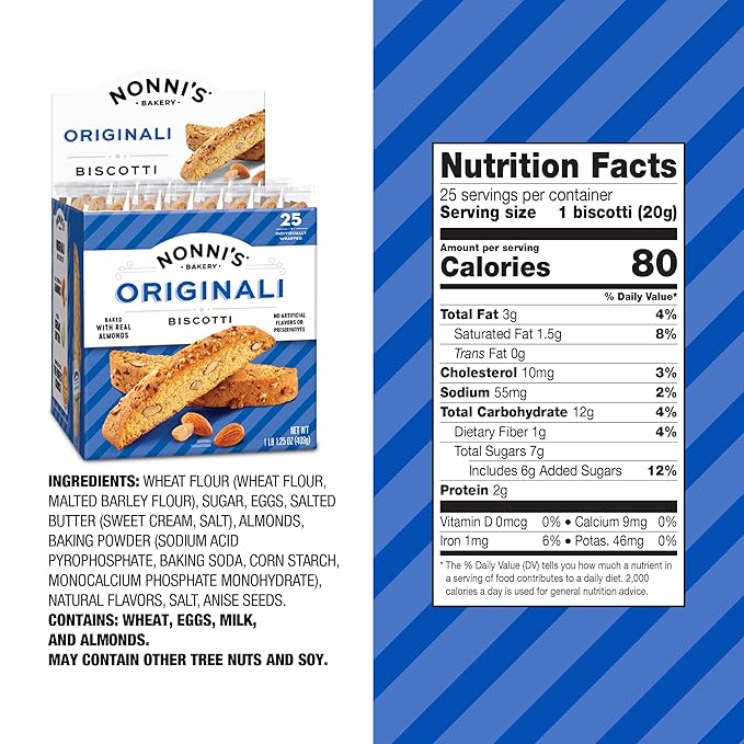 Nonni's Originali Classic Almond Biscotti Cookies – Individually Wrapped Italian Coffee Snack, Crunchy Twice-Baked, 80 Cal Each, 17.25 oz Carton, 2 Pack