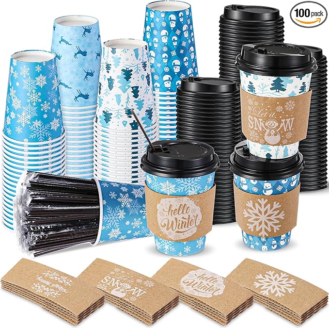 Remerry 100 Sets 400 Pcs 12 oz Christmas Disposable Coffee Cups with Lid, Straws and Sleeves Snowflake Reindeer Snowman Paper Cups Xmas Party Supplies for Hot Drink Cold Beverage(Snowflake Style)