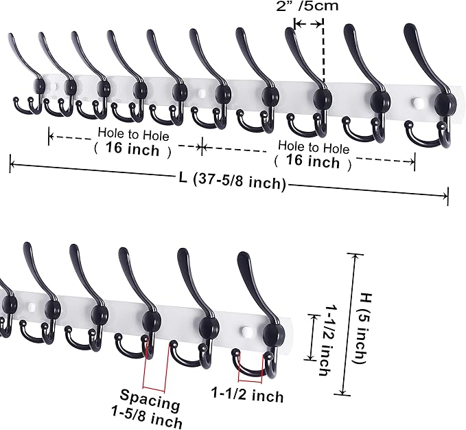 Dseap Coat Rack Wall Mount - 38” Long 10-Tri-Hooks Heavy Duty Coat Hanger Rail Wall Hooks for Hanging Coats Hats Clothing Clothes Purse Mudroom Entryway, White/Black