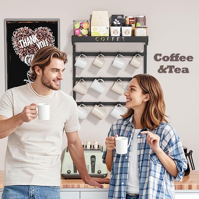 RCHYFEED Coffee Mug Holder Wall Mounted, Mug Rack Organizer for Home Kitchen Display and Collection, Metal Cup Holder Mug Tree with Adjustable 12 Hooks and Storage Shelf for Coffee Pods Sugar Bags