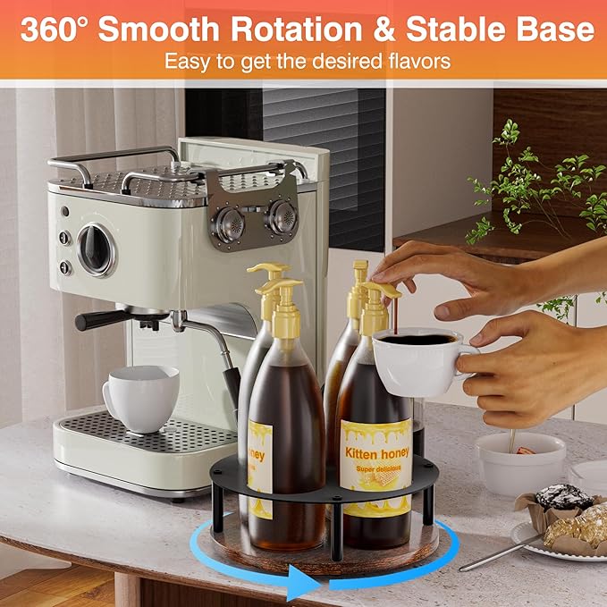 Invech Rotating Coffee Syrup Rack, Wood Syrup Holder for Countertop & Coffee Bar, 4 Bottles Turntable Wine Display Tray for Bar
