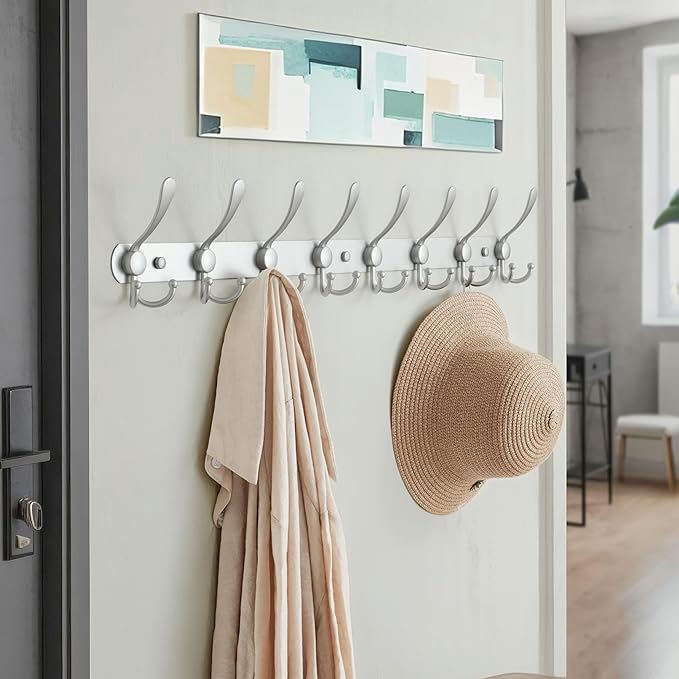 Dseap Coat Rack Wall Mount - 29.5” Long 8-Tri-Hooks Heavy Duty Coat Hanger Rail Wall Hooks for Hanging Coats Hats Clothing Clothes Purse Mudroom Entryway, Silver, Pack of 2