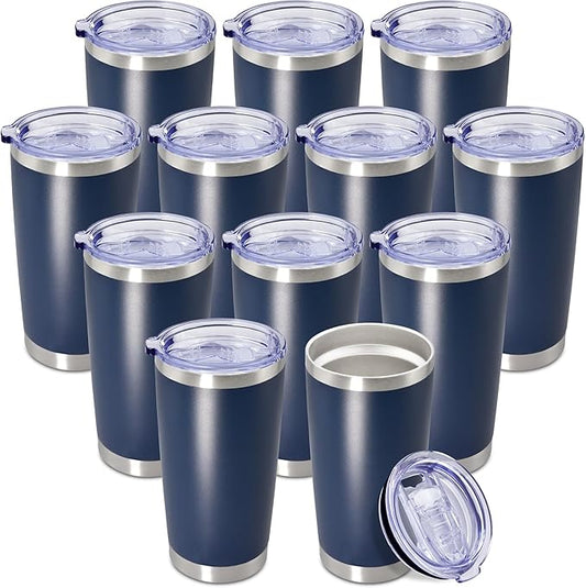 20 oz Tumbler Coffee Travel Tumblers Bulk with Lid Stainless Steel Double Wall Vacuum Insulated Mug Powder Coated Cups fit Car Cupholder for Hot and Cold - Navy, 12Pack