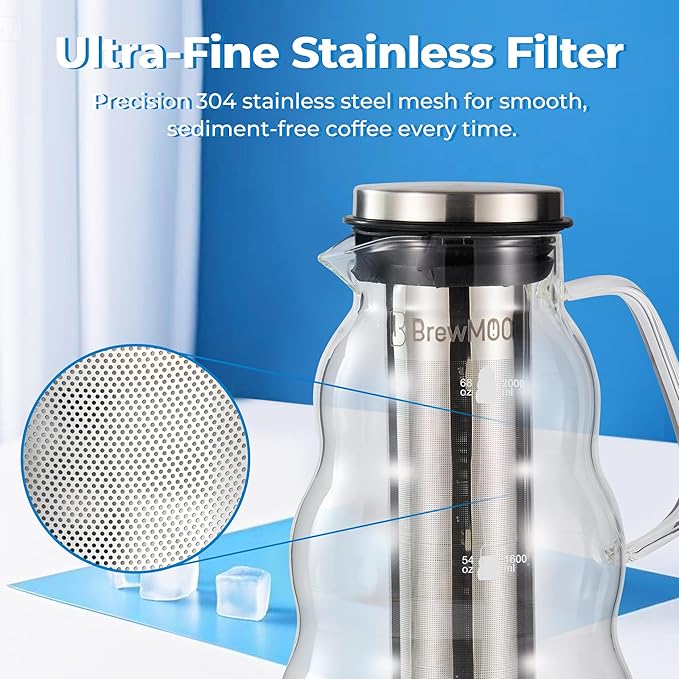 BrewMOO- Cold Brew Coffee Maker (2.0L/68Oz), Sleek Wave Borosilicate Glass Pitcher with Stainless Steel Filter, Airtight Lid + Wide Spout + Comfort Handle, Effortless Manual, Sophisticated Gift