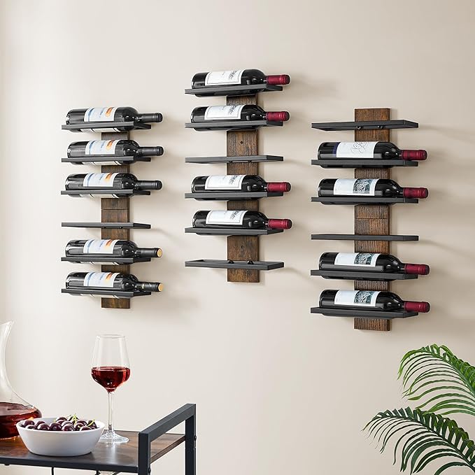Hoctieon 3-Set 6 Tier Wall Mount Wine Rack, Wall Mounted Wine Bottle Racks for Display and Storage, Hanging Bottle Holder, for Living Room, Dining Room, Bar, Wine Cellar, Rustic Brown