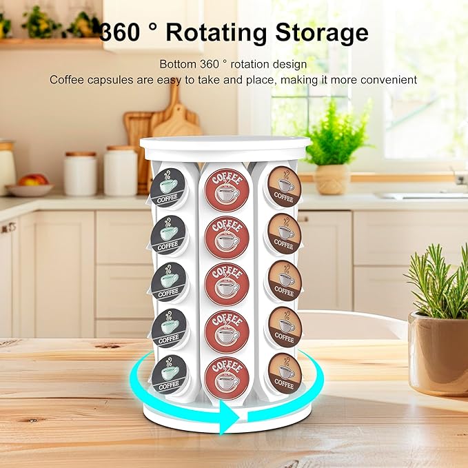 CEHNCEH K Cup Holder, Coffee Pod Carousel Organizer K Cup Stand, Compatible with 40 Keurig K-Cup Pods, Large Compacity Coffee Capsule Holder, Home or Office Kitchen Counter Organize (Off-white)