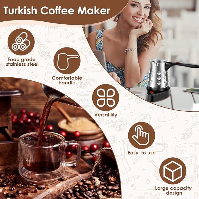Turkish Coffee Maker, Stainless Steel 500ml Turkish Coffee Machine with Folding Handle, 5 to 6 Cups Capacity Turkish Coffee Pot, Electric Coffee Tea Warmer Kettle for Home Travel (Diamond)