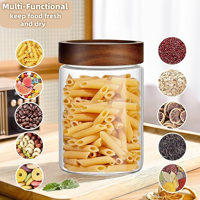 17 Fl oz/500 ml Glass Food Storage Jar, Premium Clear Glass Container Jar with Airtight Wooden Screw Lid, Kitchen Canisters for Coffee,Tea,Pasta,Cookies, Nuts,Spice,Candy,Overnight Oatmeal（Small)