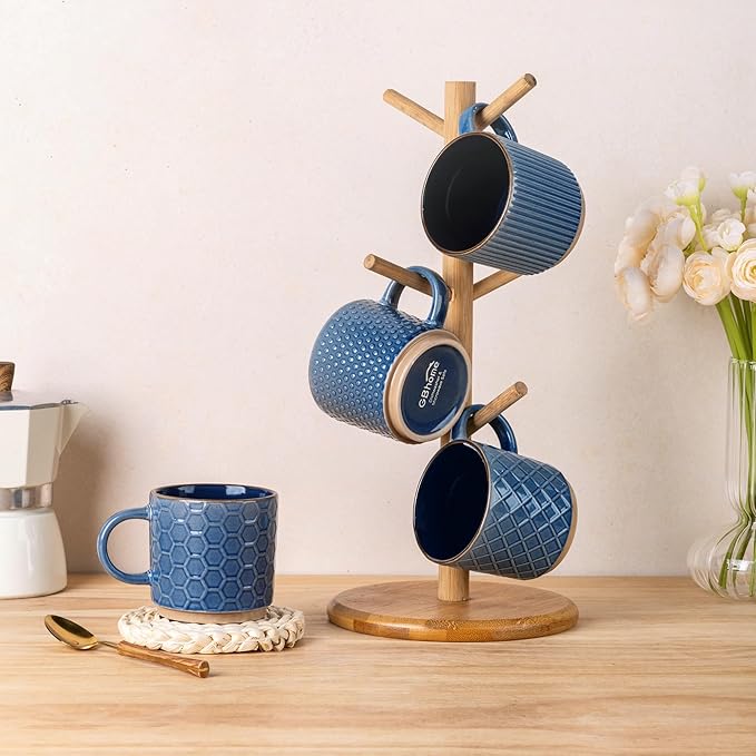 GBHOME 6 OZ Stackable Coffee Mugs, Ceramic Coffee Mugs with Texture Patterns for Man,Woman,Dad,Mom, Modern Coffee Cups Set of 4 for Espresso/Cappuccino/Cocoa. Dishwasher&Microwave Safe, Moonlight Blue