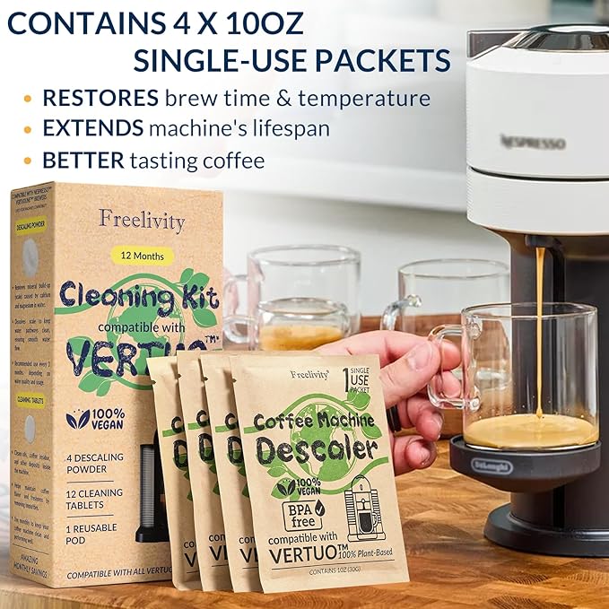 Nespresso Compatible Vertuo Cleaning & Descaling Kit – 1 Year Supply. Includes 4 Descaling Powder Solution, 12 Cleaning Tablets, 1 Reusable Pod, Eco-Friendly Vertuoline Maintenance Kit