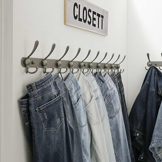 Dseap Coat Rack Wall Mount - 38” Long 10-Tri-Hooks Heavy Duty Coat Hanger Rail Wall Hooks for Hanging Coats Hats Clothing Clothes Purse Mudroom Entryway, Gray