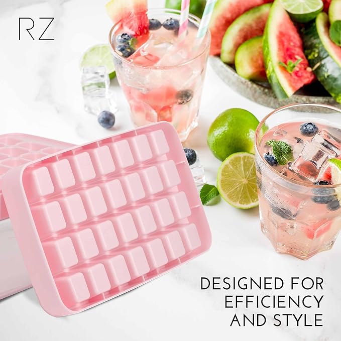 Rachel Zoe 2-Piece Stackable Ice Cube Tray with Bin Set, BPA Free 56 Cubes Ice Tray for Freezer with Bucket, Scoop and Easy Release Lid, for Fruit & Herb Infusions, Cocktails, Iced Coffee Drinks