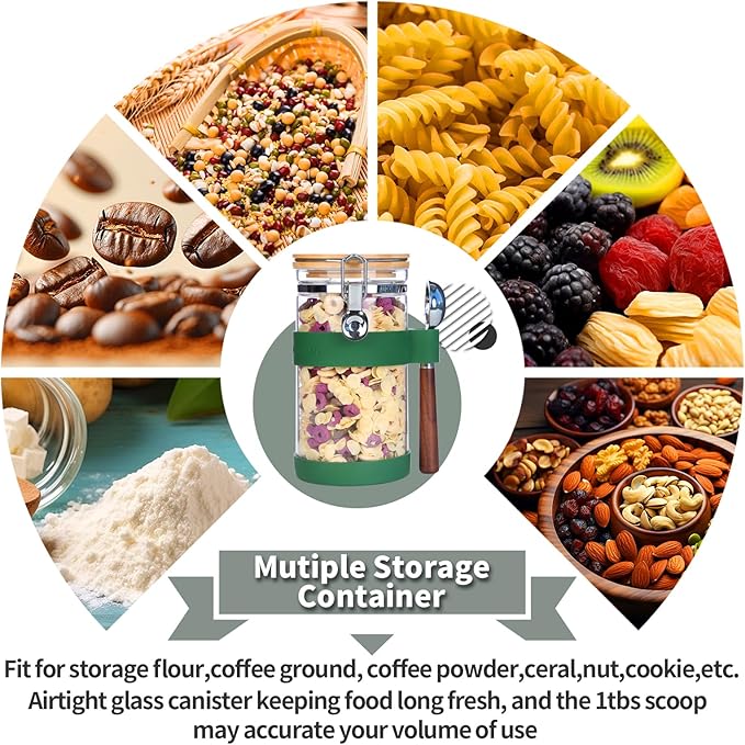 KKC Airtight Coffee Canister, Glass Coffee Bean Storage Contaienr with Silicon Scoop Holder, Non-Slip Silicon Coffee Storage Canister with Spoon for 1 lb Bean,40 Fluid-oz, Green