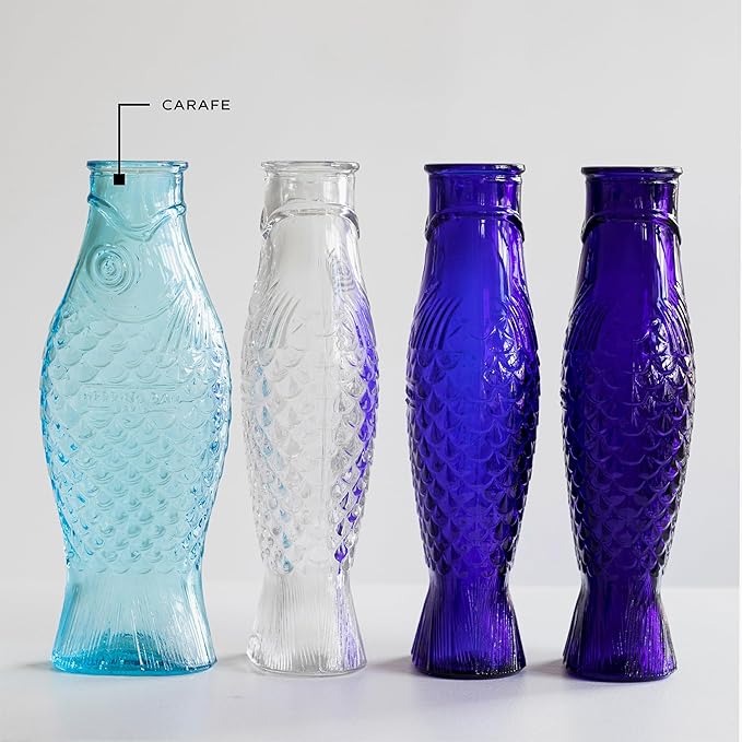 Serax Glass Water Pitcher | Fish & Fish glassware by Paola Navone | Wine Carafe Decanter 28.74 fl oz | Clear Light Blue Bottle Container, hot or cold Drinks | Beverage Dispenser | Suitable as Vase