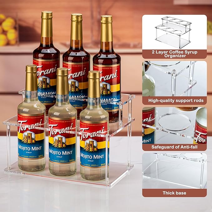 Acrylic Coffee Syrup Organizer rack,2 Tier-6 Bottle Capacity Syrup stand,Syrup Bottle Holder for coffee bar syrup storage,kitchen condiment organization and wine display.