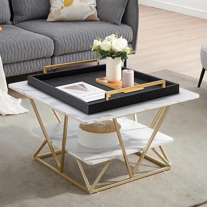 Extra Black Large Serving Tray with Handles for Ottoman,Versatile Shagreen Leather Square Ottoman Tray for Living Room