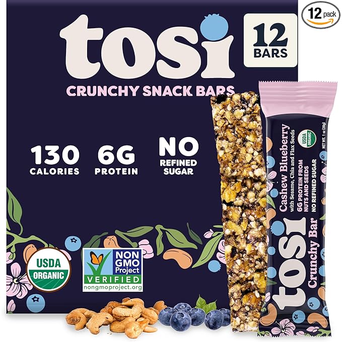 Tosi Nut Bars, Cashew Blueberry, Healthy Snacks for Adults & Kids, Plant Based Crunchy Bars (6G Protein), Organic Keto Snacks, Vegan, Gluten & Soy Free, Low Sugar, Omega 3s, 1oz, 12-Pack