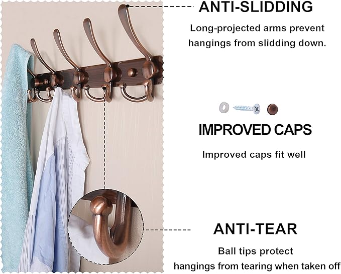Dseap Coat Rack Wall Mounted - 5 Tri Hooks, Heavy Duty, Stainless Steel, Metal Coat Hook Rail for Coat Hat Towel Purse Robes Mudroom Bathroom Entryway,Chromed