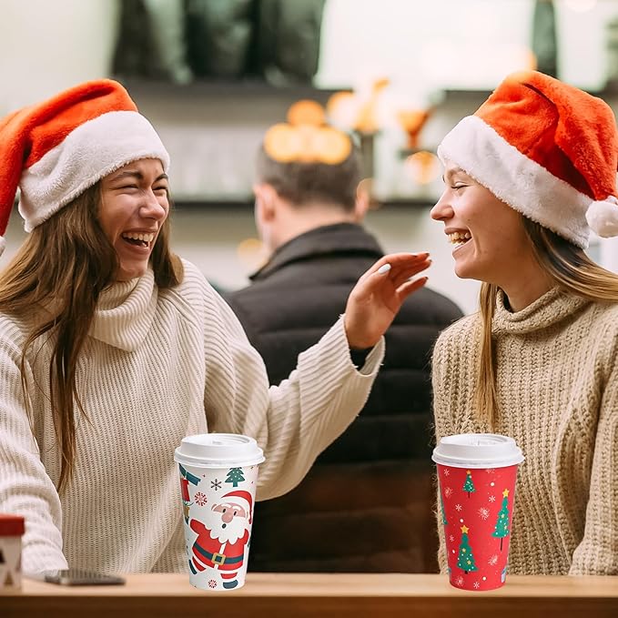 SIUQ 100 Pack 16 oz Christmas Disposable Coffee Cups with Lids, Thickened Christmas Paper Cups for Hot/Cold Beverage, Tea, Coffee, Hot Chocolate, Xmas Party Cups Ideal for Home, Cafes, Store, Holiday