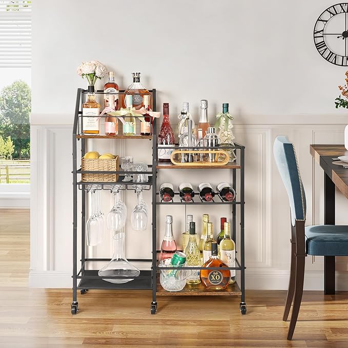 VINAEMO Rolling Bar Cart with Wine Glass Holder, Mini Bar for Whiskey Wine, Liquor Cart for Home, Alcohol Cabinet for Kitchen, Dining Room