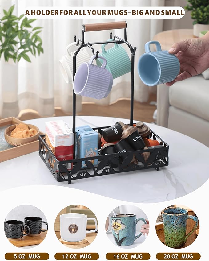 Coffee Mug Holder for Countertop, Mug Tree & Mug Rack with Storage Basket, 2-in-1 Organizer Holds 4 Large Mugs, Kitchen Cup Holder for Coffee Bar Accessories, Pods & Tea Bags, Black Metal with Handle