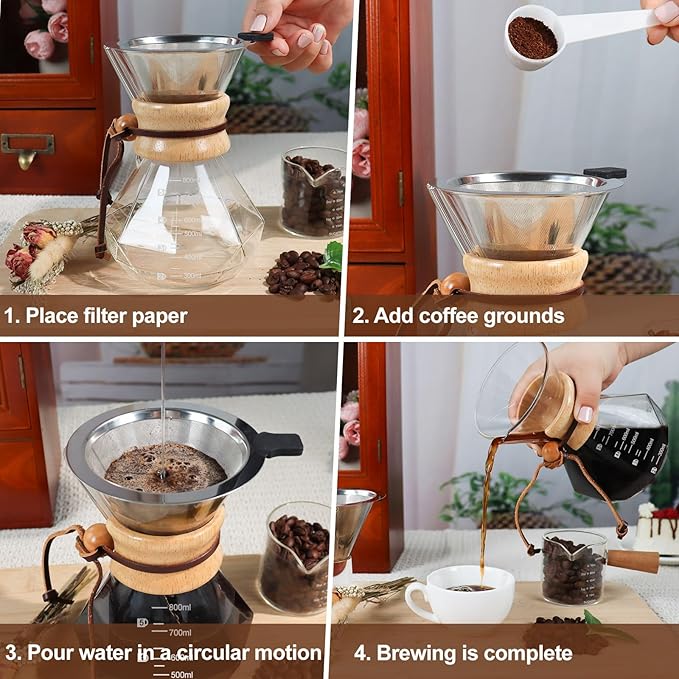 Pour Over Coffee Pot Set 800ml Features 304 Stainless Steel Filter Glass Coffee Pot with High Borosilicate Glass Duckbill Spout Design Solid Wood Handle Pour Over Coffee Drippers Daily Brewing