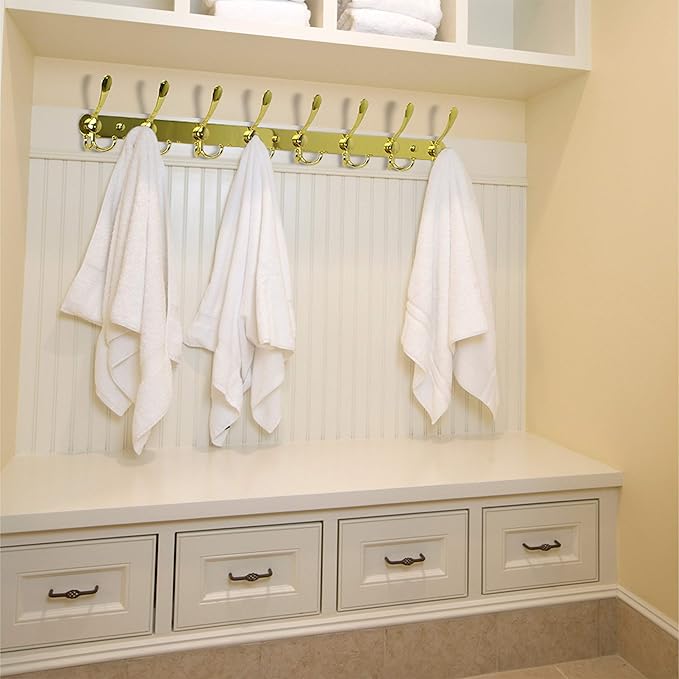 Dseap Coat Rack Wall Mount - 29.5” Long 8-Tri-Hooks Heavy Duty Coat Hanger Rail Wall Hooks for Hanging Coats Hats Clothing Clothes Purse Mudroom Entryway, Gold, Pack of 2