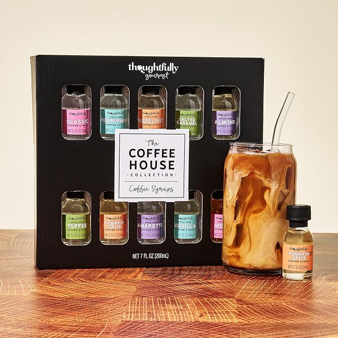 Thoughtfully Gourmet, Coffee Syrup Sampler Gift Set, Syrup Flavors Include Salted Caramel, Vanilla, Mocha, Hazelnut, Pumpkin Spice, & More, Set of 10