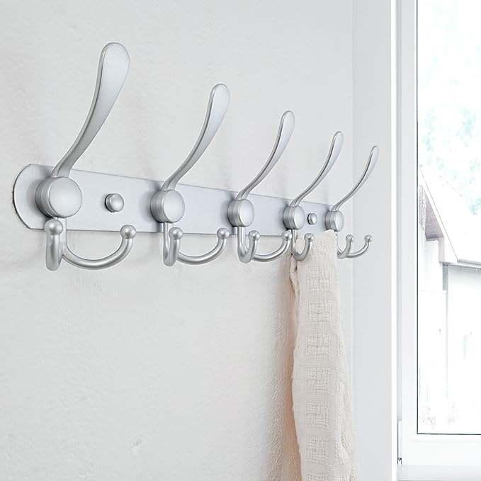 Dseap Coat Rack Wall Mounted - 5 Tri Hooks, Heavy Duty, Stainless Steel, Metal Coat Hook Rail for Coat Hat Towel Purse Robes Mudroom Bathroom Entryway, Silver
