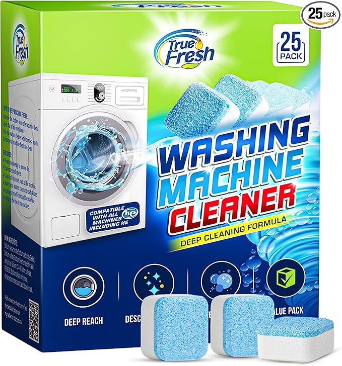 True Fresh Washing Machine Cleaner Tablets – 25-Pack Deep Cleaning for Front Loader, Top Load & HE Washers – Helps Remove Odor-Causing Residues, Pet Hair & Hard Water Buildup – Septic Safe