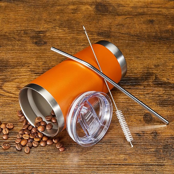 COMOOO 20oz 8 Pack Tumbler Double Wall Vacuum Insulated Coffee Travel Mug Stainless Steel Tumbler Bulk with Lid and Straw Insulated Coffee Cup for Cold & Hot Drinks (Orange, 8 Pack)
