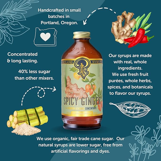 Portland Syrups Spicy Ginger Syrup - Extra Spicy Heat and Fresh Ginger Flavor - Premium Beverage Concentrate for Cocktails, Mocktails, Tea, and More - 12 oz with 24 Servings (Pack of 2)