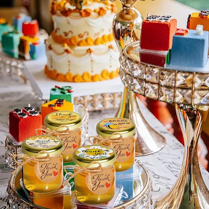 Mini Honey jars 1.5oz, 60 pcs Honey Jars with 60 Bee Stickers,Tags,Jutes Rope,Mini Honey Jars with Lids, Perfect for Candle Jar,Spices,Jams,Baby Shower, Wedding Favors, Party Favors