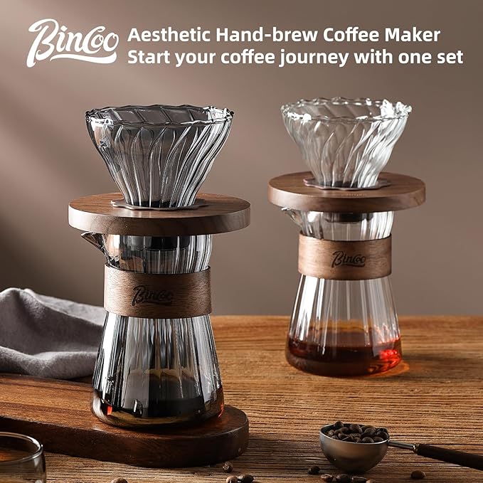 Bincoo Clear Glass Drip Coffee Maker Set - 500ML Glass Coffee Server Coffee Carafe with Walnut Dripper and 50PCS Paper Filter