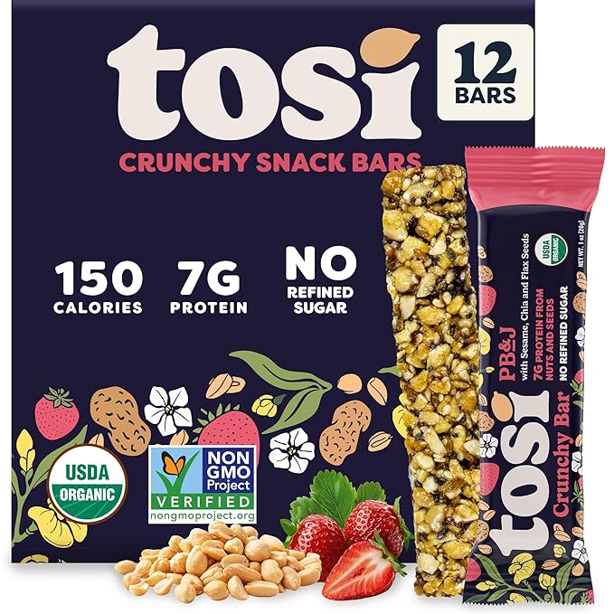 Tosi Nut Bars, PB&J, Healthy Snacks for Adults & Kids, Plant Based Crunchy Bars (7G Protein), Organic Keto Snacks, Vegan, Gluten & Soy Free, Low Sugar, Omega 3s, 1oz, 12-Pack