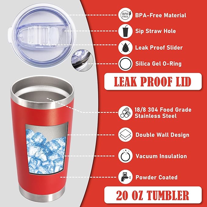 20 oz Tumbler Coffee Travel Tumblers Bulk with Lid Stainless Steel Double Wall Vacuum Insulated Mug Powder Coated Cups fit Car Cupholder for Hot and Cold - Red, 12Pack